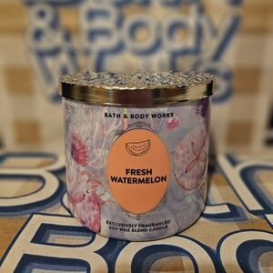 NWT Bath & Body Works Fresh Watermelon 3-wick Candle - Pink and Silver